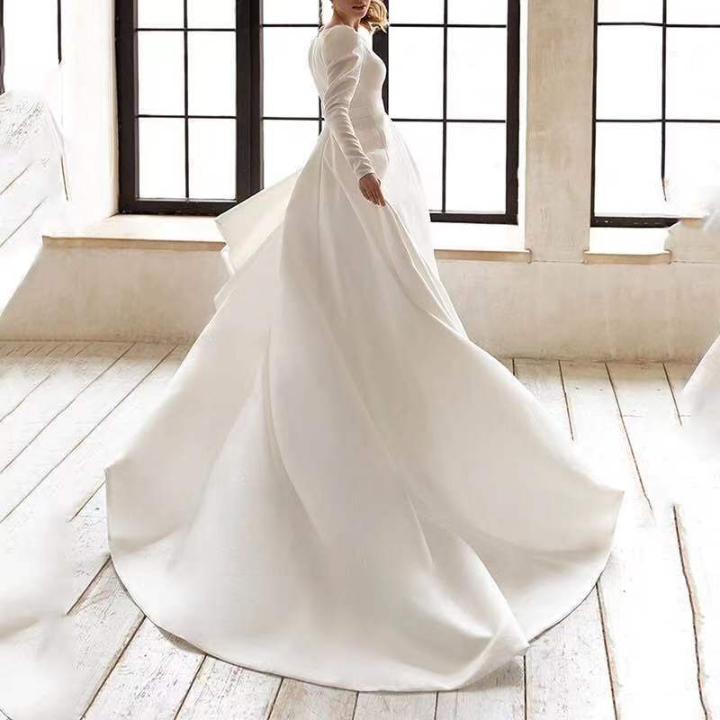 Vestido Largo Blanco de Satén Estilo Francés para Mujer