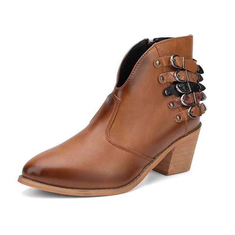 Botines Mujer con Hebillas y Tacón de Madera Marrón, Talla 38